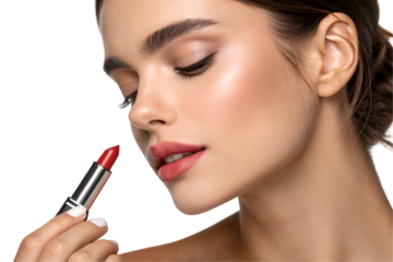 Beautiful woman holding lipstick ready to apply on transparent background	