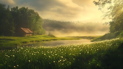 Fototapeta premium Idyllic Forest Landscape with Misty River Under Golden Sunlight with Greenery