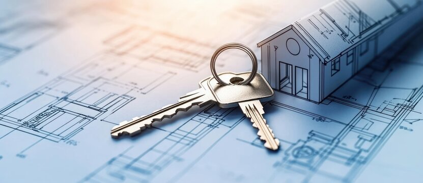 Key with House Keychain on Architectural Blueprints