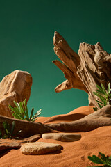 Dry sand fields with rough pebbles, tree roots, and wooden planks placed on top. Light-colored...
