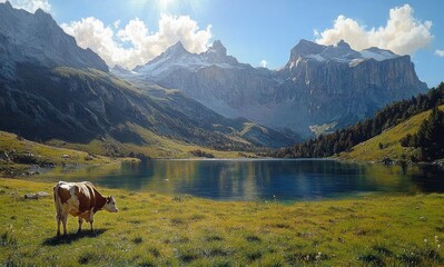 Grazing Cow by the Serene Lake Surrounded by Majestic Mountains and Bright Sunlight
