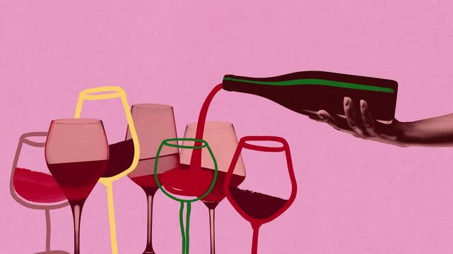 Wine pouring into collection of colorful wine glasses, each unique in shape. Diversity in wine drinking. Stop motion, animation. Pop art design. Concept of drink, winery, taste, party, wine culture