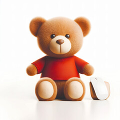 A cute teddy bear with a red t-shirt and a computer mouse beside it, create a playful and modern image.