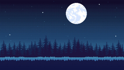 Pixel art location with forest at night with moon and stars. Seamless landscape background for game or application.