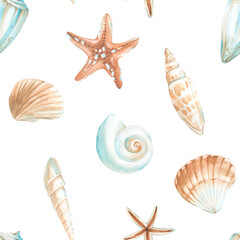 Sea shells and starfish seamless watercolor pattern. Hand drawn ornament. Template for textile design, label, fabric and wallpaper.
