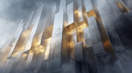 Massive fortress wall built from alternating precious metal bars, gold and platinum towers rising above silver and copper foundation, dramatic architectural lighting, ultra realistic metal textures,