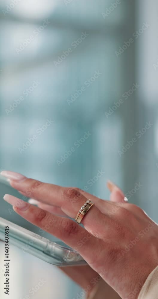 Aufkleber hands, typing and woman in business with tablet, scroll or communication on content marketing websit