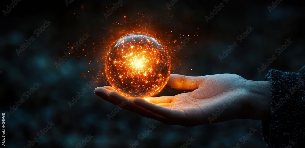 Aufkleber hand holding glowing orb in dark environment with technology networking concept