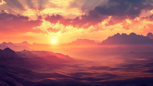 Majestic sunset landscape with vibrant orange hues over rolling hills and distant mountains red sky