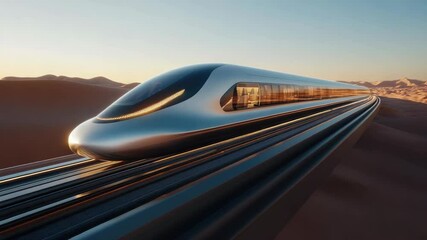 High-speed train racing through the tracks at sunset, captured in dynamic motion blur, symbolizing modern transportation, cutting-edge speed, and advanced rail travel systems in the 21st century.