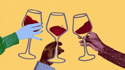 Three hands raising wine glasses filled with red wine against bold yellow background. Cheers. Stop motion, animation. Pop art design. Concept of drink, winery, taste, party, wine culture