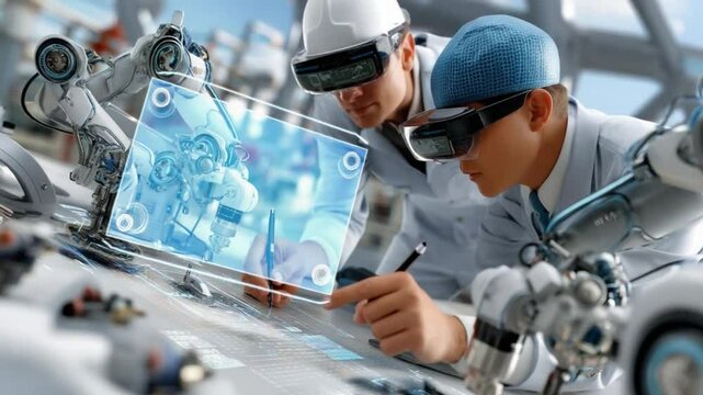 Future Tech Architects: Two expert engineers, donned with augmented reality visors, meticulously analyze a holographic interface, surrounded by robotic arms. The scene captures innovation, precision.