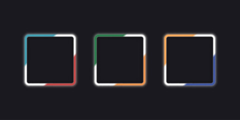 Gradient glowing frames with shadows of different colors isolated on a dark background. Vector 3D illustration.