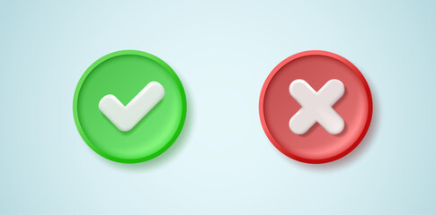 Set of realistic icons green flag and red cross. Vector 3d illustration.
