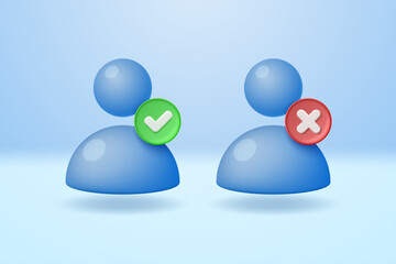 User icons with green check mark and red cross. Approved and rejected password of user profile name. Vector 3d illustration.