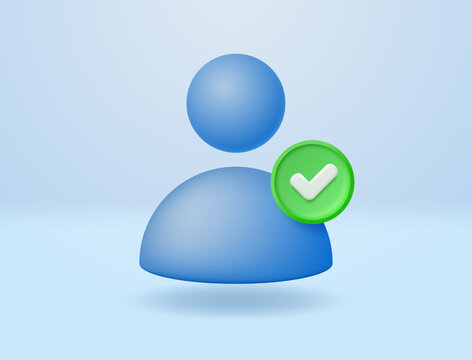 Blue user profile icon with green check mark representing verified accounts or approved profiles. Vector 3d illustration.