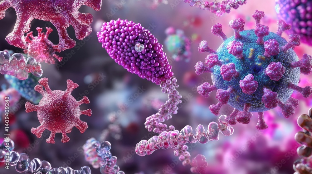 Poster colorful 3d rendering of viruses and bacteria in microscopic view