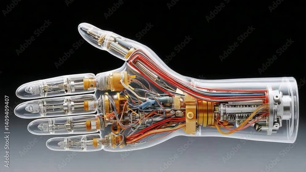 Poster mechanical hand: an intricate display of technology, showcasing the detailed workings of a transpare