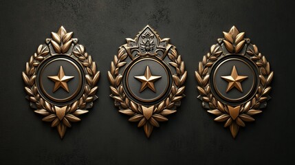 Fototapeta premium Hyperrealistic achievement badges with authentic metal texturing, dimensional relief work showing every detail, intricately woven laurel crown with botanical precision, crystalline star elements with