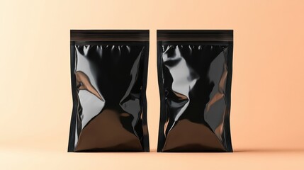 Glossy Black Stand-Up Pouches on Peach Background