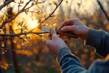 Gardener Pruning Apple Tree Branch at Sunset in Spring