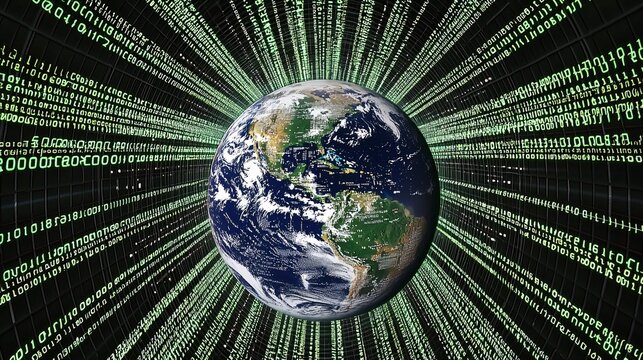 surrounded by digital code streams with LAN cables visually linking the binary flows into physical connections across the planet [Big Earth]: [Many LAN cables plugged into the Earth] binary 