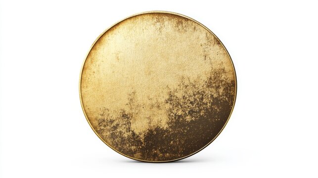 Hyperrealistic blank gold coin with weathered surface texture, ultra detailed metal material showing microscopic scratches and wear patterns, soft studio lighting revealing subtle patina variations,