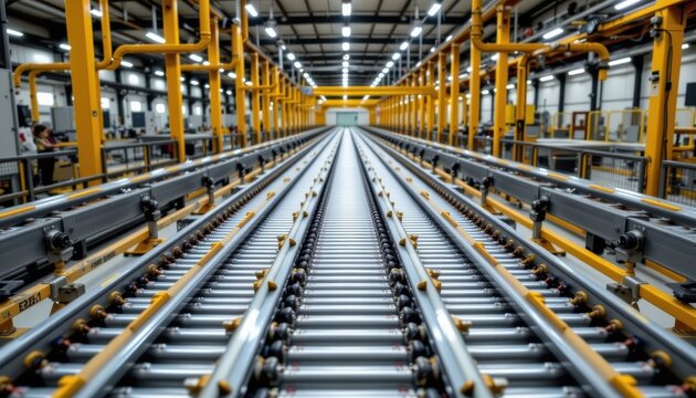 An elevated perspective reveals a deserted automated manufacturing system; parallel bands of interconnected rollers stretch into the distance