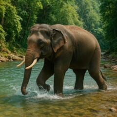 Fototapeta premium Asian Elephant Walking in Clear River in Tropical Jungle