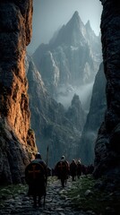 Templar Knights Defending Narrow Mountain Pass Against Invaders with Rolling Boulders and Flying Arrows
