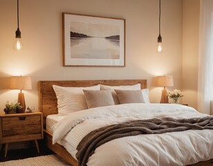 Cozy modern bedroom featuring a wooden bed, soft linens, warm lighting, and serene artwork.