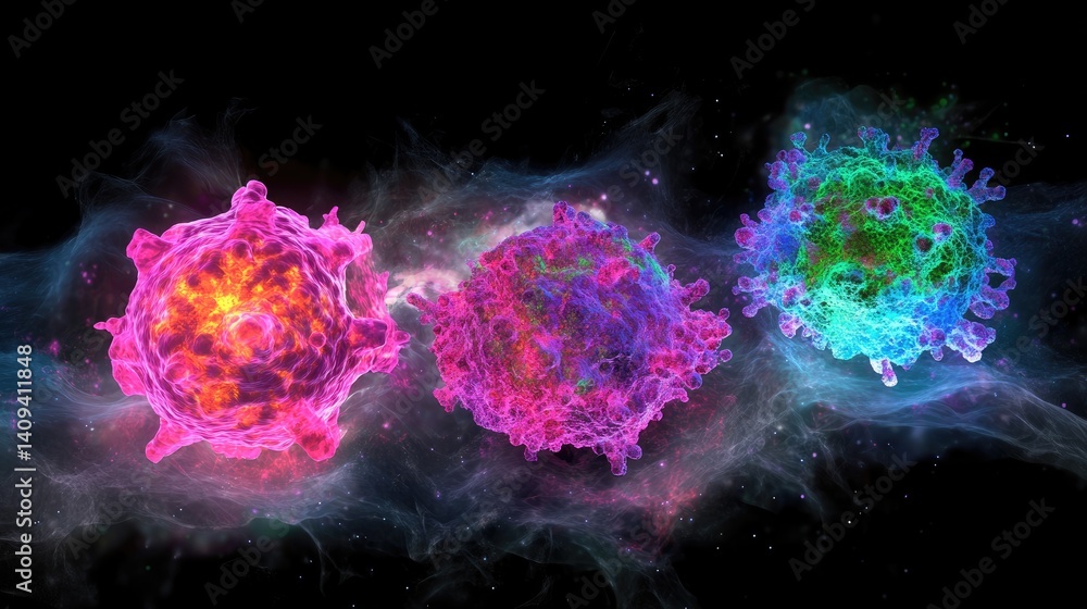 Poster colorful visualization of cell structures and microscopic organisms