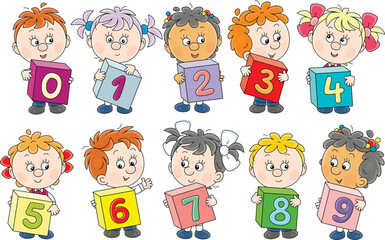 Happy little schoolboys and schoolgirls friendly smiling and holding colorful number blocks, vector cartoon illustrations on a white background