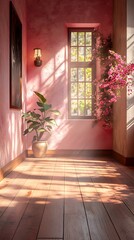 Sunlit Pink Room Phone Wallpaper  Potted Plant & Vibrant Flowers with Wooden Floor Shadows | Cozy Vertical Mobile Background in 4K HD

