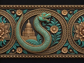 Intricate ornamental design featuring a coiled naga with floral patterns and a temple background
