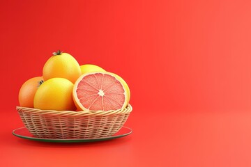 Citrus fruits in a woven basket against a red backdrop.