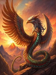 Hybrid beast of makara and garuda soaring majestically over a mystical mountain landscape
