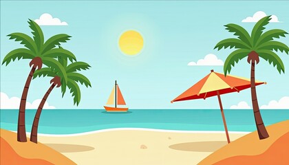 Obraz premium Sunny Beach Vacation Palms Sailboat and Umbrella
