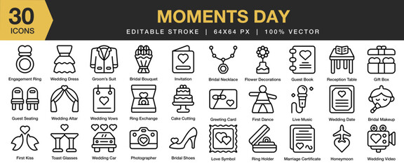 Moments Day icon set. Editable Stroke Icon Collection. Includes happy, people, love, family, moment, parent, and More. Outline icons vector collection.