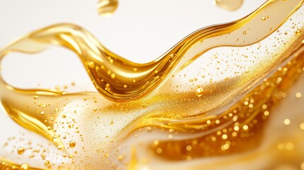 Fototapeta premium Abstract composition of gold gel drops merging together, capturing movement like flowing mercury, glossy surface with both matte and reflective areas, intricate marbling effect where gel meets white