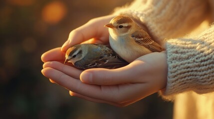 Two small birds gently resting in cupped hands at sunset.