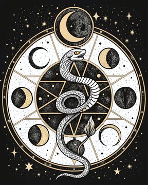 Mystical craft of a rahu symbol intertwined with celestial motifs and lunar phases