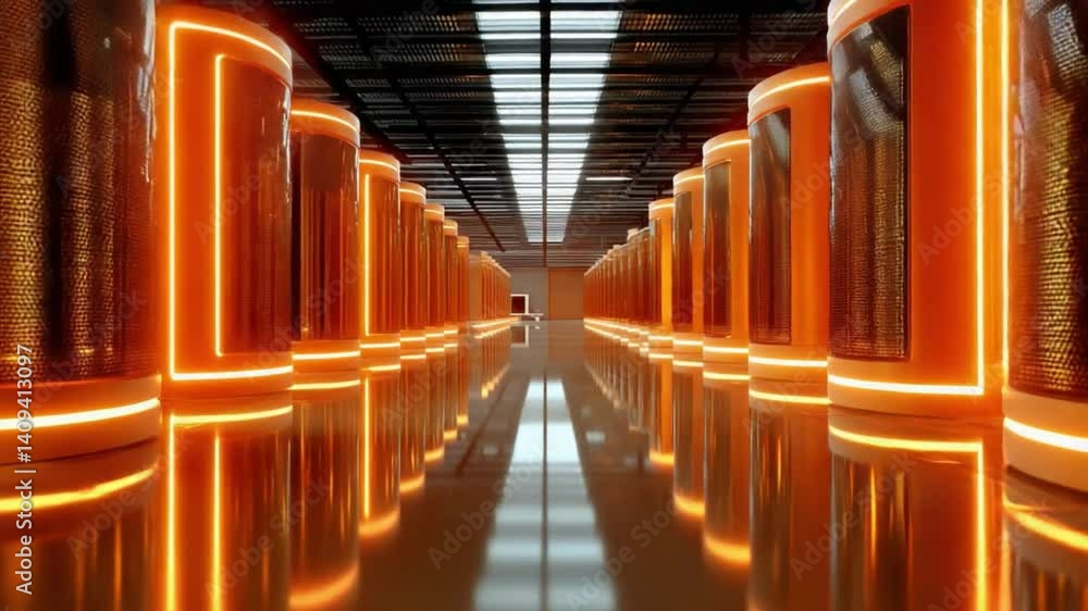 Poster orange corridor of servers: a futuristic server room with rows of glowing orange cylindrical servers