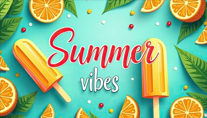 Summer Vibes Orange Popsicles and Tropical Leaves