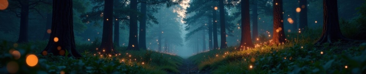 Fototapeta premium A serene forest at dusk with fireflies dancing in the air, outdoors, wildlife, evening landscape