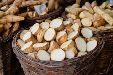 Cut cassava is sold in markets in African countries.