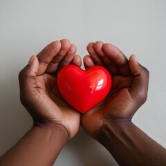 Obraz premium Hands Holding Red Heart Symbol - Love, Care, Support, Donation, Charity, Health, Kindness, Human Connection, Black Skin Tone, Compassion Concept - Isolated on Neutral Background