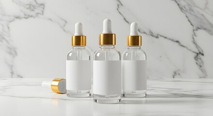Dropper bottles for cosmetics on white marble background