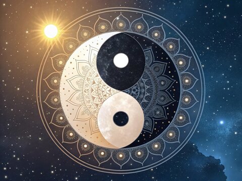 Symbolic representation of yin yang with rahu and ketu, harmony of opposites in cosmic balance