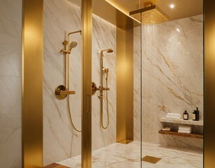 Luxurious modern bathroom featuring gold fixtures and elegant marble walls.